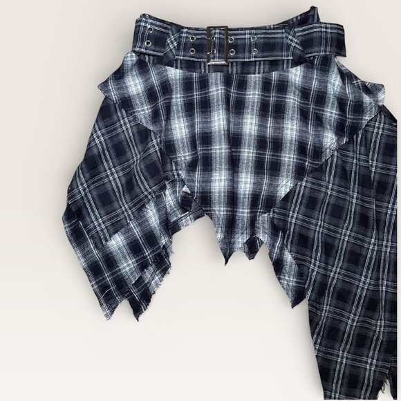 Whimsygoth Grunge Plaid Destructed Belted Black Skirt - Picture 3 of 5